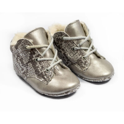 Baby Leather Shoes: Silver Snakeskin-Like- Size 19 (with shoelaces)
