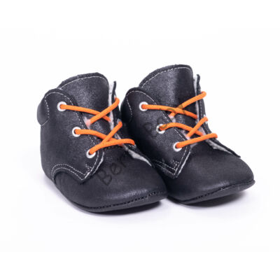 Baby Nubuck Leather Shoes: Black (with  Orange shoelace) Size 19