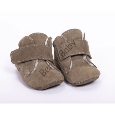 Baby Leather Shoes: Khaki Velour (with velcro) Size 18