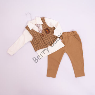 4 part elegant suit set for little boys- brown chequered vest: 18 months
